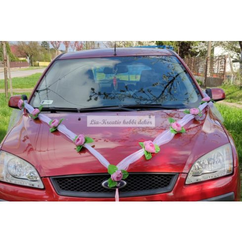  Esküvői autódísz V alakú selyem boglárkás  rózsaszín